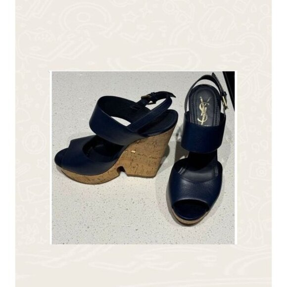 Yves Saint Laurent Womens Deauville Cork Heel Wedge Sandals Black Size 39 - Picture 2 of 12